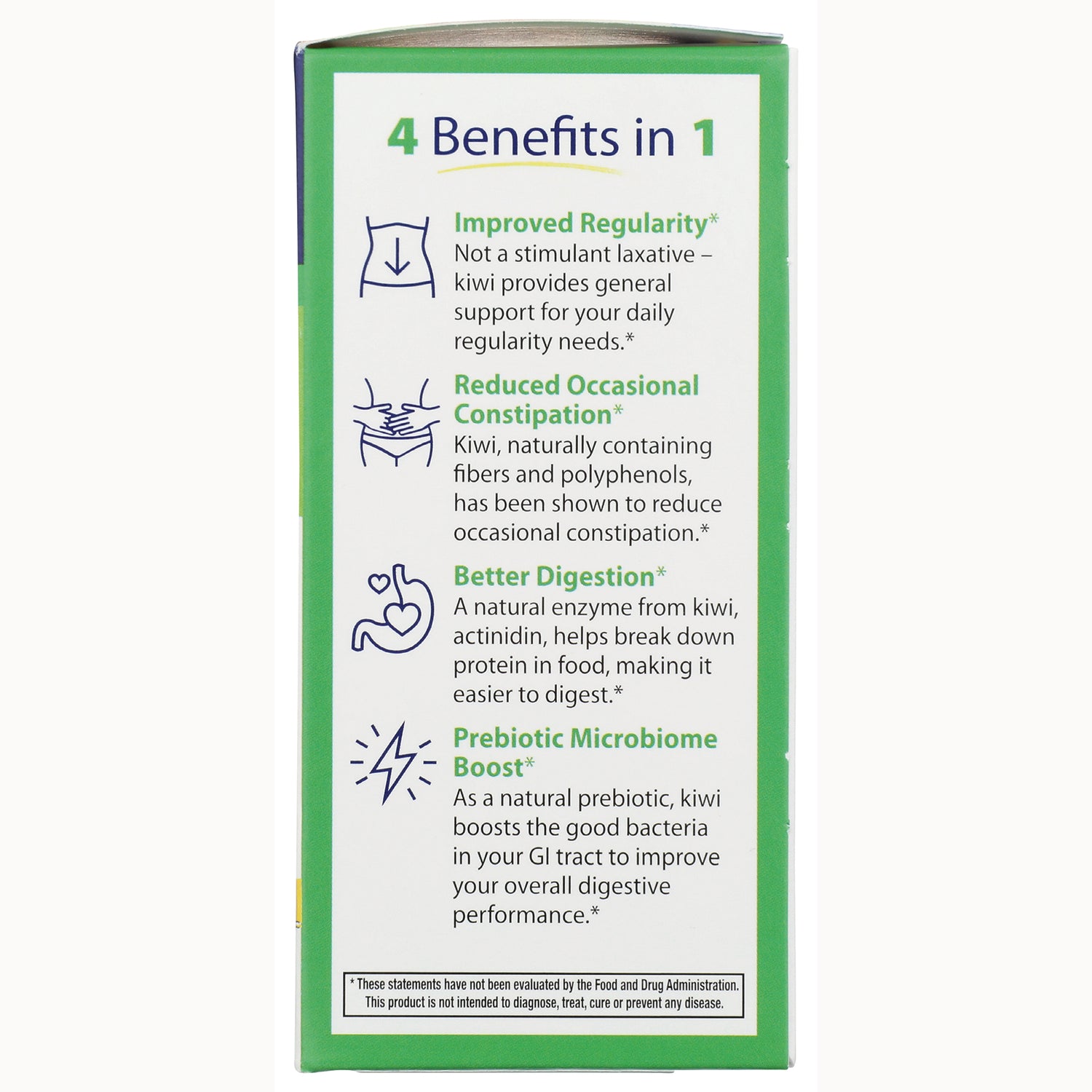 EMD074 | Product infographic side panel listing 4 Benefits in 1: Improved Regularity; Reduced Occasional Constipation; Better Digestion; Prebiotic Microbiome Boost