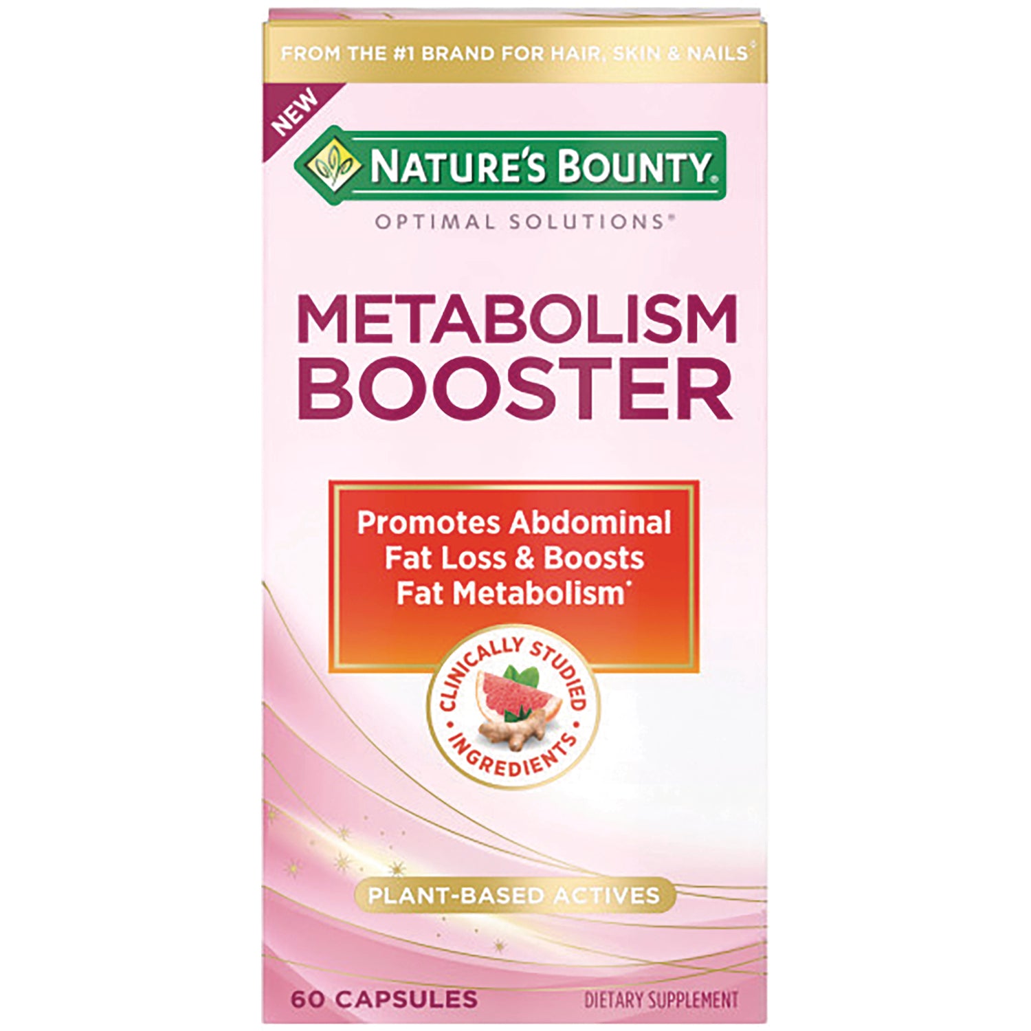NBY110 | Nature's Bounty Metabolism Booster supplement box, pink front label reading Promotes Abdominal Fat Loss & Boosts Fat Metabolism