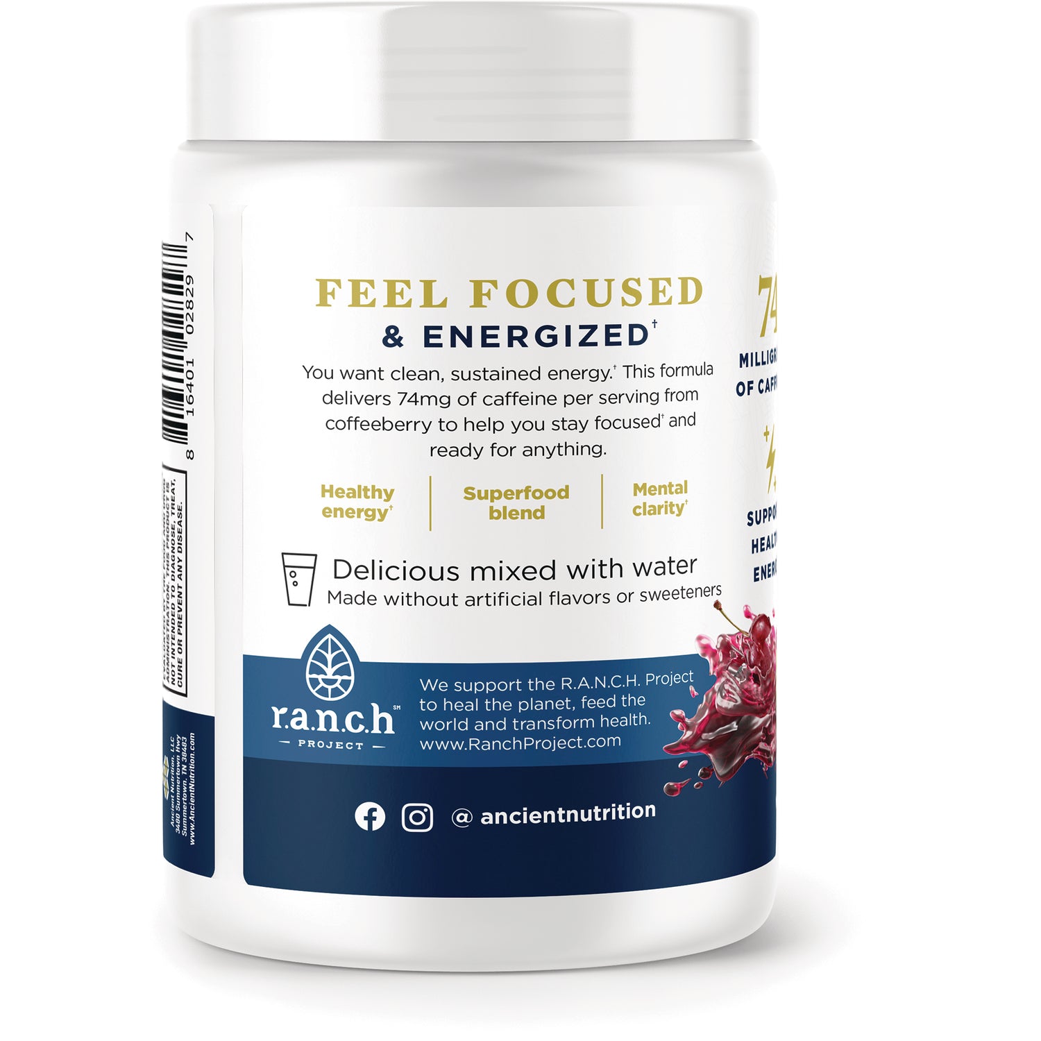 ATN145 | back label of white supplement jar reading FEEL FOCUSED & ENERGIZED with benefits text and r.a.n.c.h Project logo