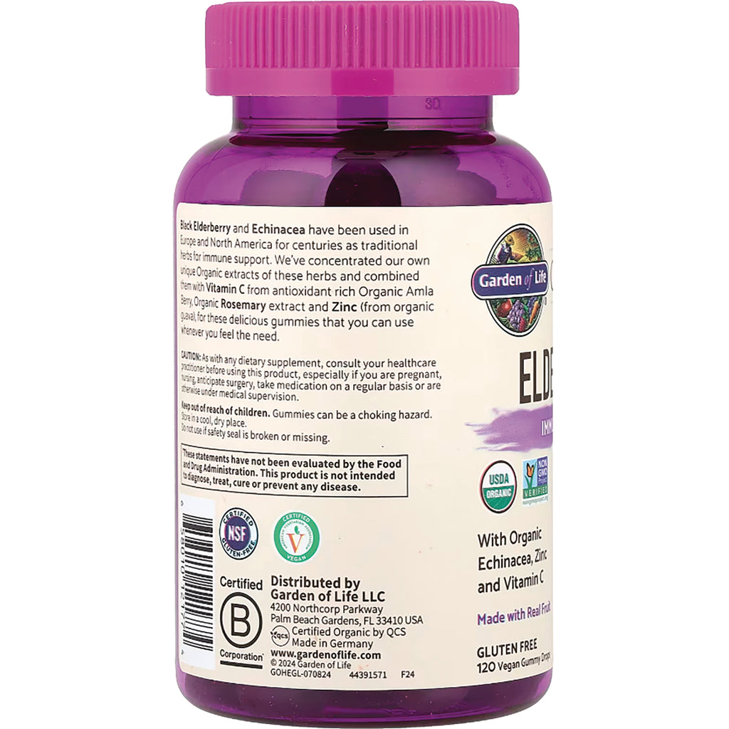 GLF272 | Back label of purple Garden of Life elderberry gummy bottle showing ingredient text, warnings, barcode, and certification logos - Thumbnail