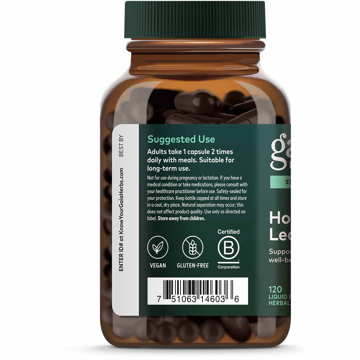 GH088 | back label of brown supplement bottle showing suggested use text, vegan and gluten free icons and barcode