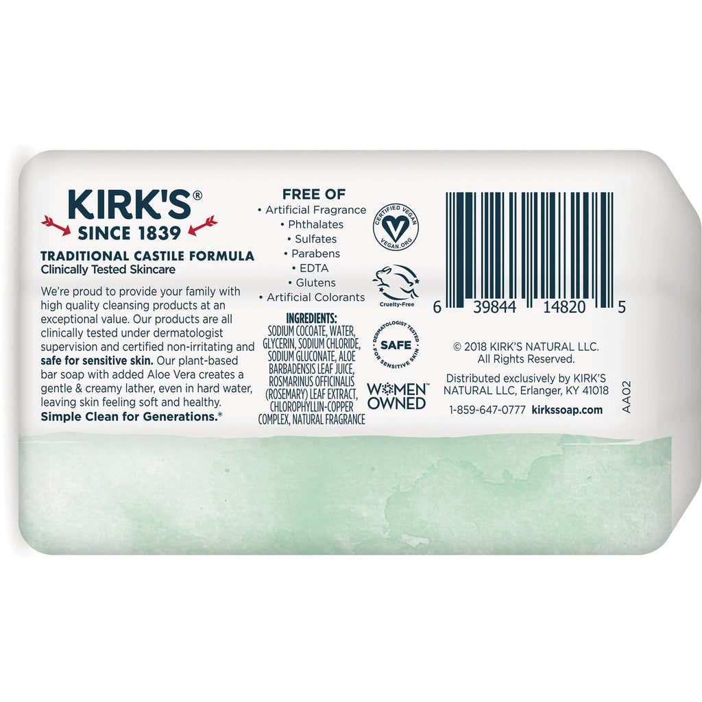 KIR013 | Back label of Kirk's soap showing ingredients, free-of claims, certifications and barcode - Thumbnail