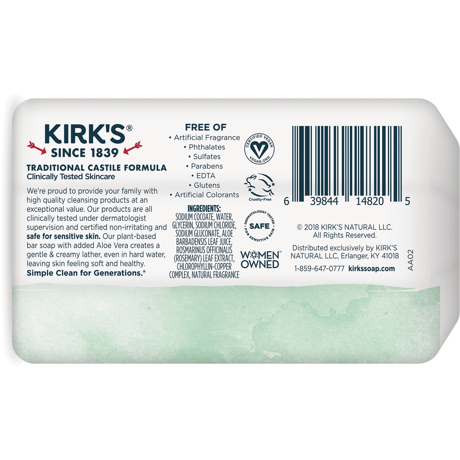 KIR013 | Back label of Kirk's soap showing ingredients, free-of claims, certifications and barcode
