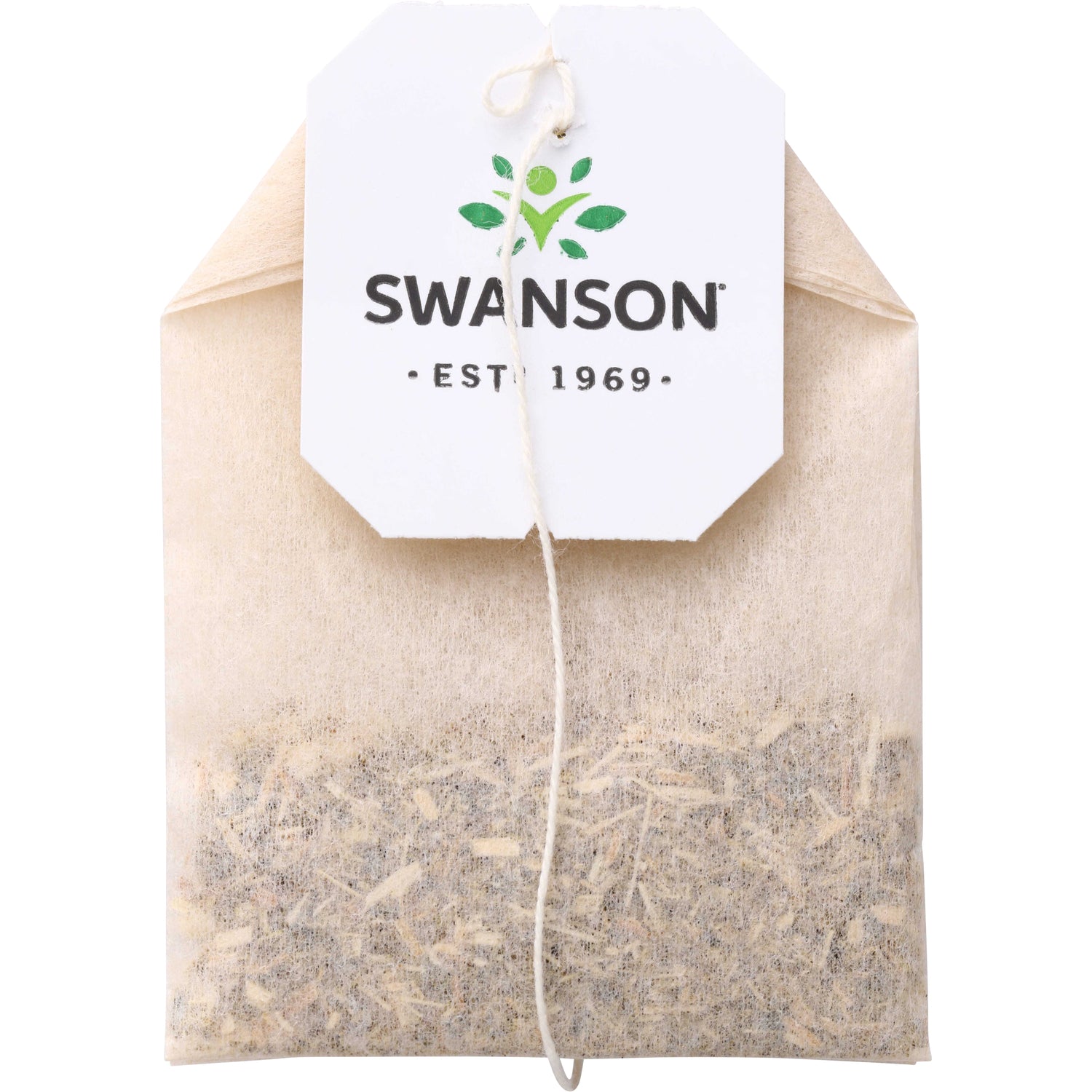 SWF079 | Tea bag with Swanson tag reading "SWANSON  EST. 1969" showing loose herbal tea inside