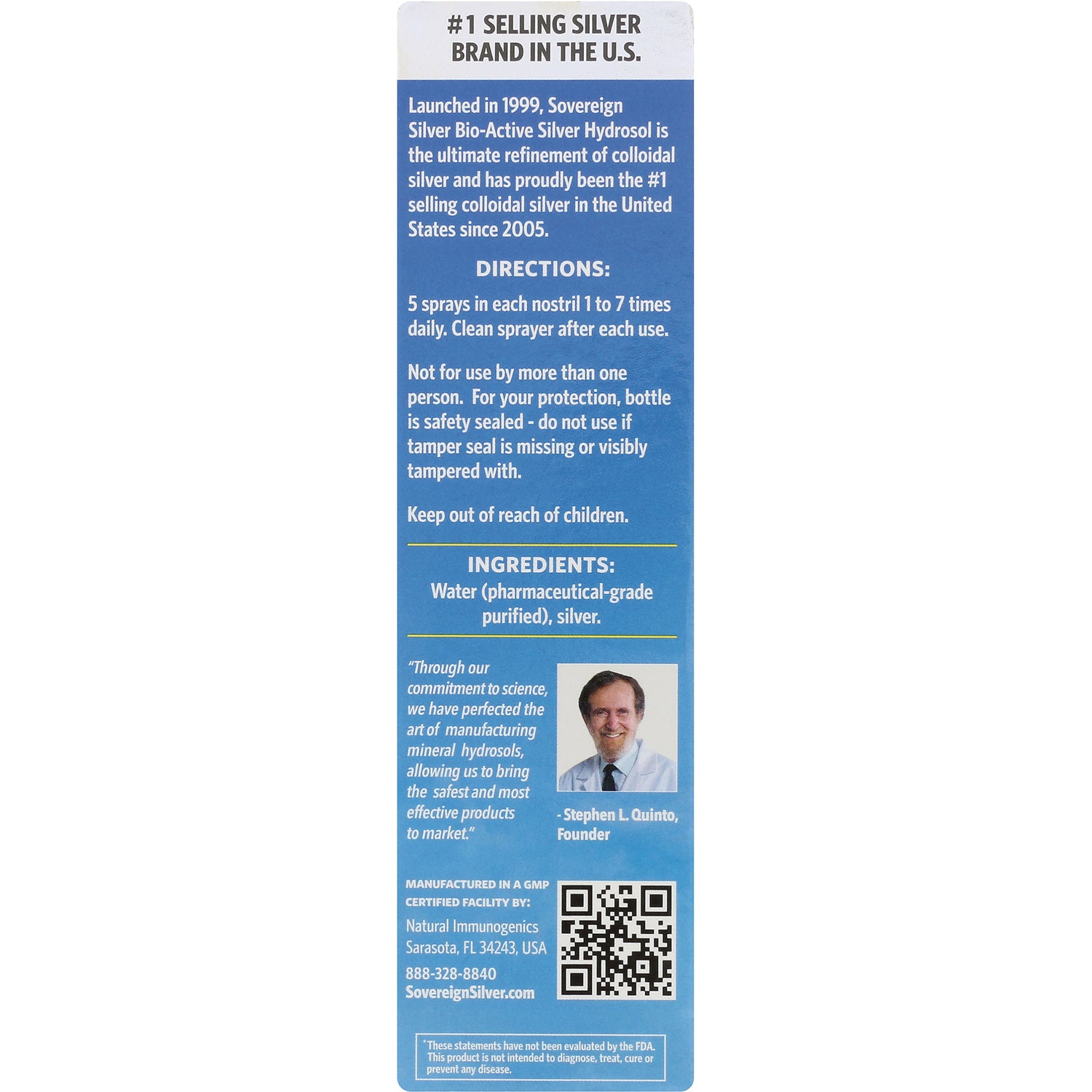 SSL005 | Back label with directions and ingredients for Sovereign Silver Bio-Active Silver Hydrosol nasal spray