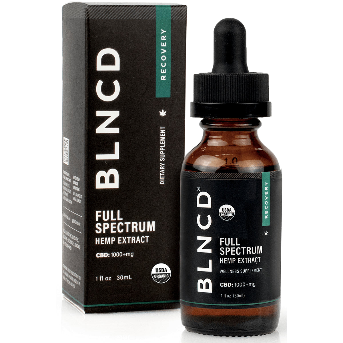 BLN003 | amber dropper bottle and matching box labeled BLNCD Full Spectrum Hemp Extract 1 fl oz