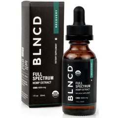 BLN003 | amber dropper bottle and matching box labeled BLNCD Full Spectrum Hemp Extract 1 fl oz