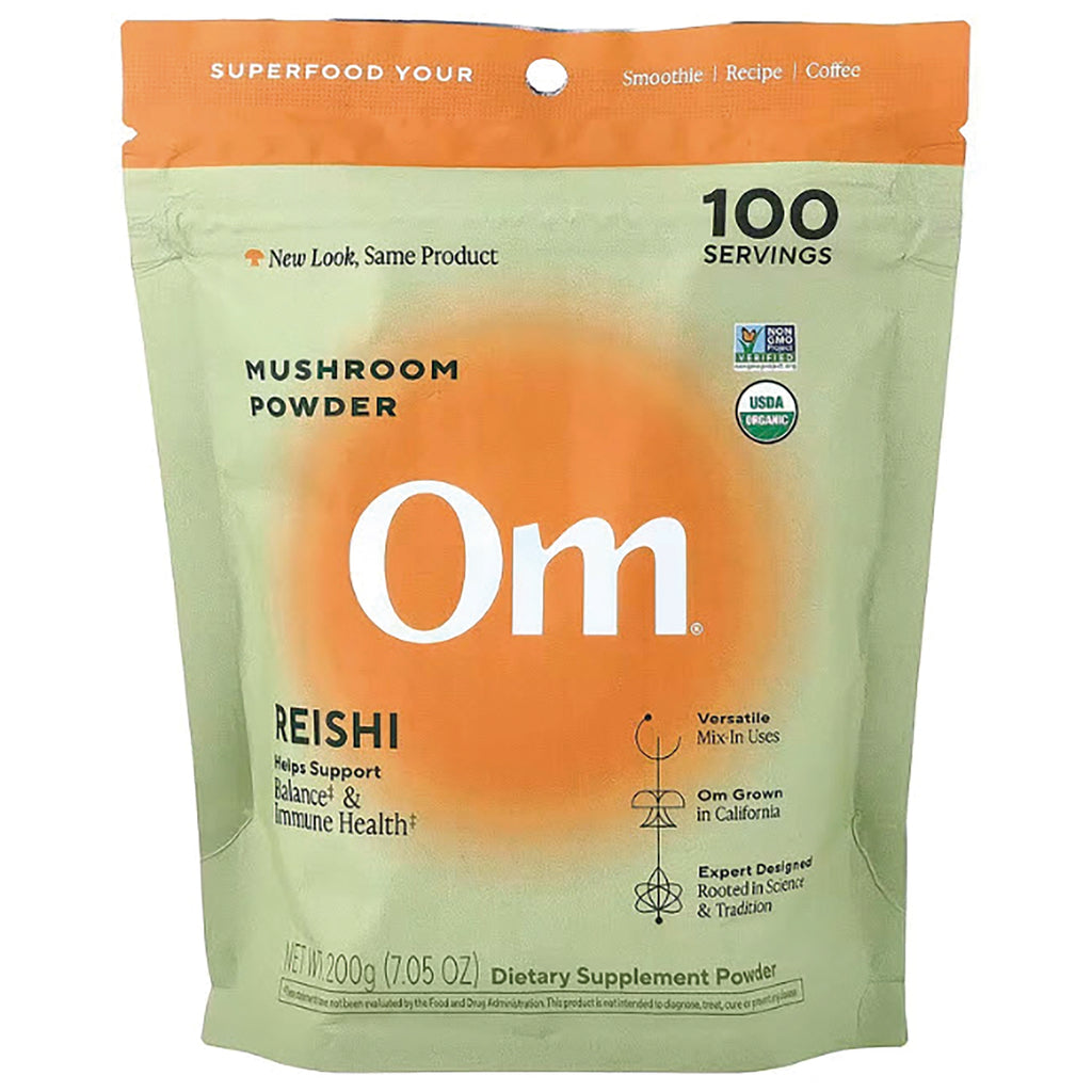 MMX046 | Front of Om Reishi mushroom powder resealable pouch with large orange Om logo labeled 100 servings USDA Organic - Thumbnail