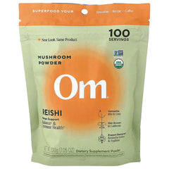 MMX046 | Front of Om Reishi mushroom powder resealable pouch with large orange Om logo labeled 100 servings USDA Organic