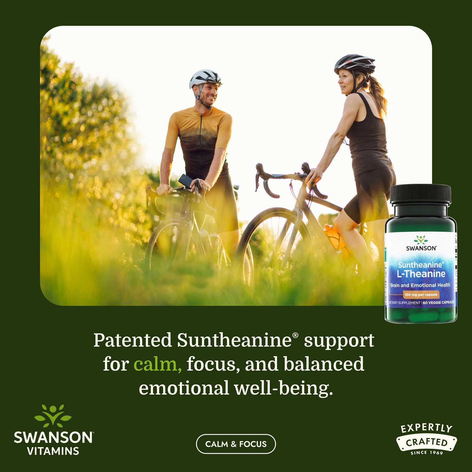 SWU110 | Cyclists with Swanson Suntheanine L-Theanine bottle and calm and focus messaging