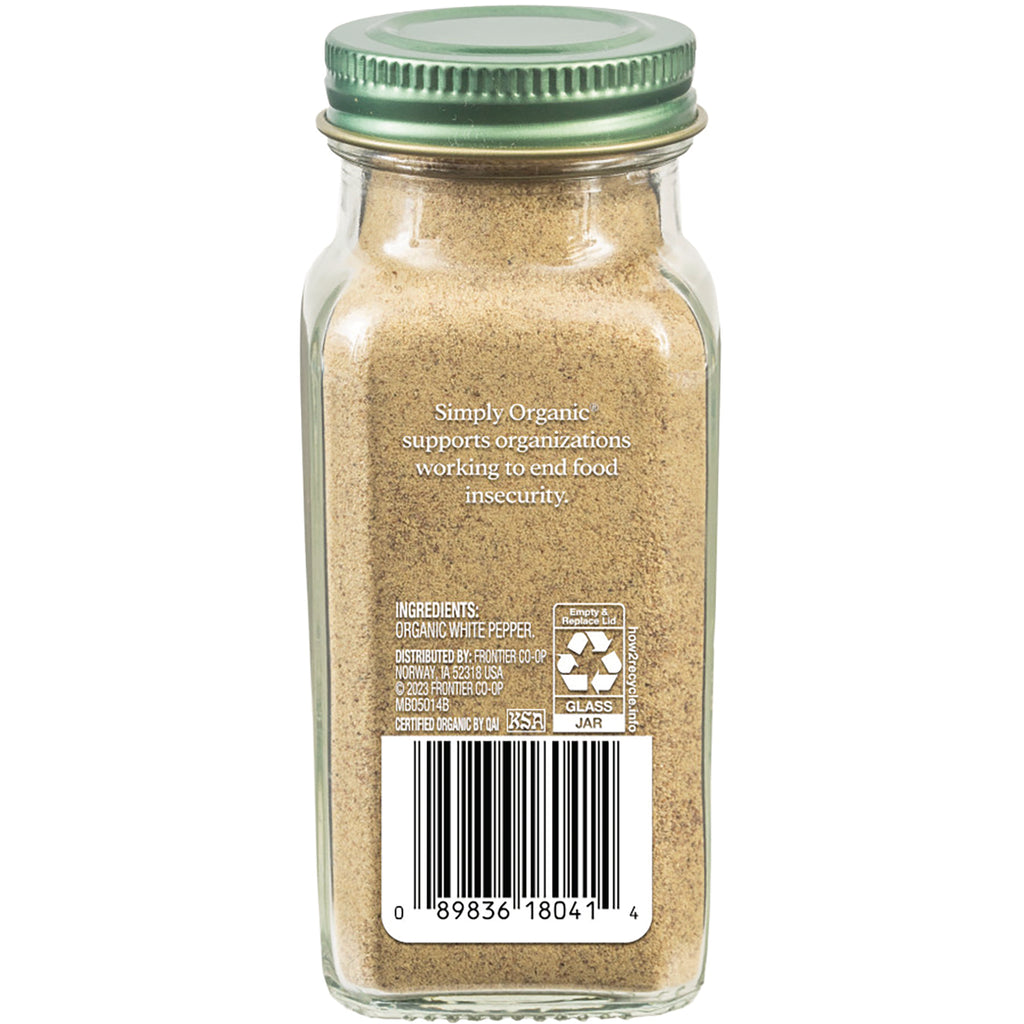 SMP078 | Back of glass jar of organic white pepper showing barcode, ingredients and the text Simply Organic supports organizations working to end food insecurity - Thumbnail