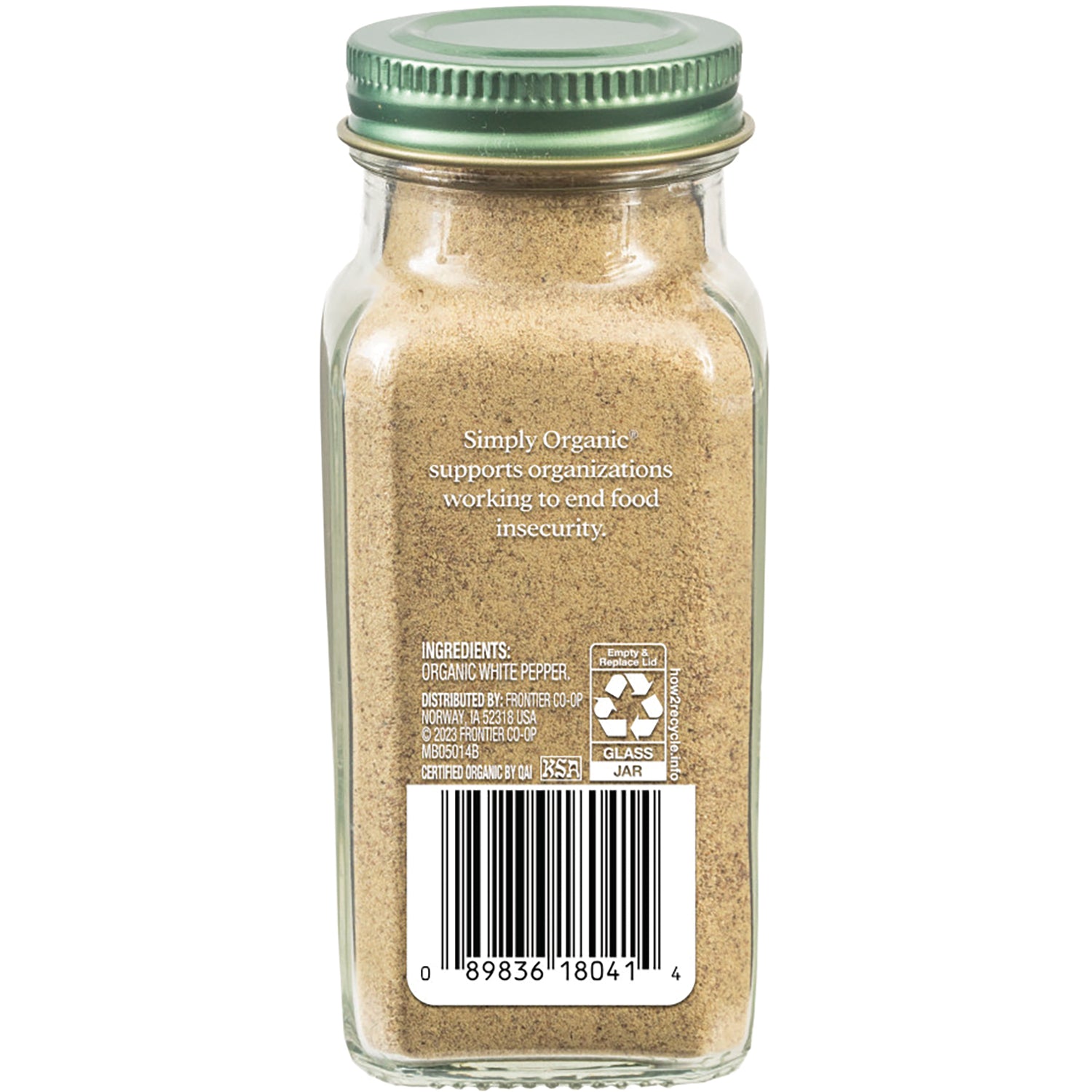SMP078 | Back of glass jar of organic white pepper showing barcode, ingredients and the text Simply Organic supports organizations working to end food insecurity