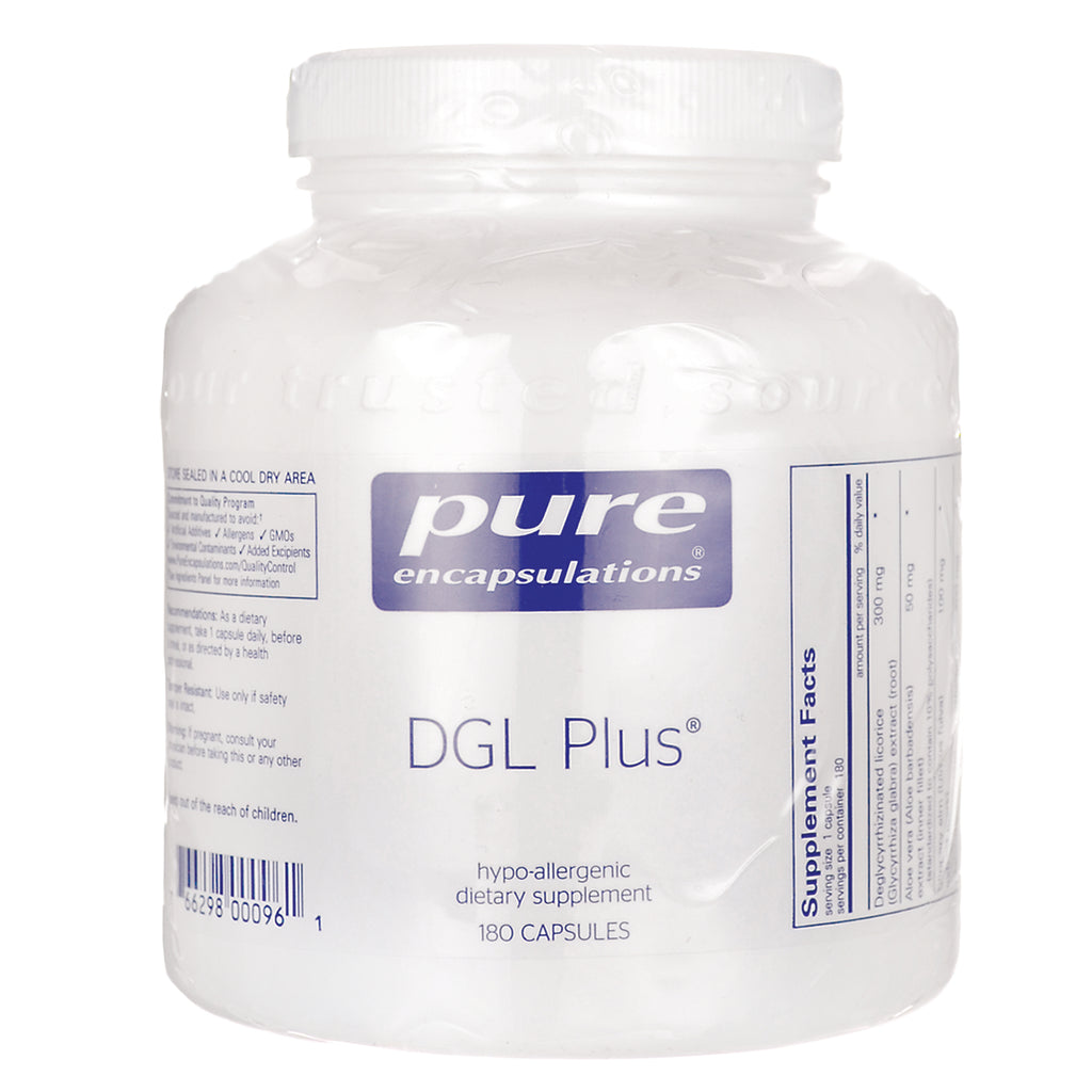 PRN155 | Pure Encapsulations DGL Plus white supplement bottle front label showing 180 capsules - Thumbnail