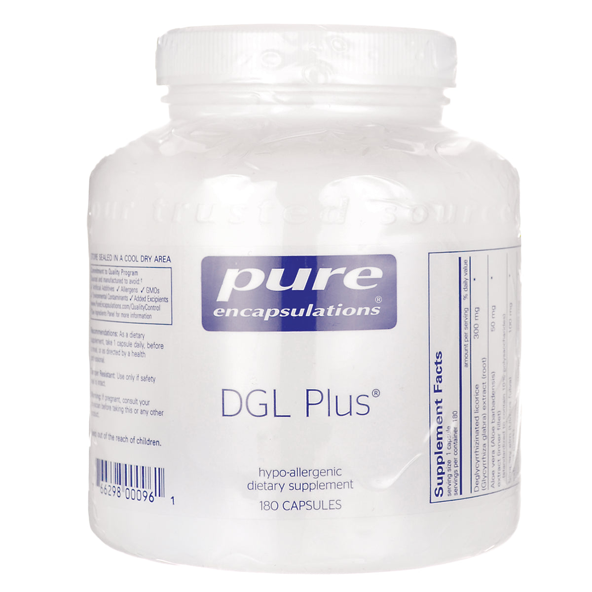 PRN155 | Pure Encapsulations DGL Plus white supplement bottle front label showing 180 capsules
