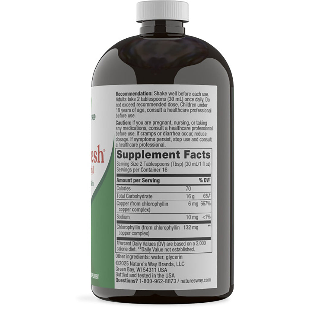 NW814 | Back of dark bottle showing Supplement Facts panel and usage directions for chlorophyll supplement - Thumbnail