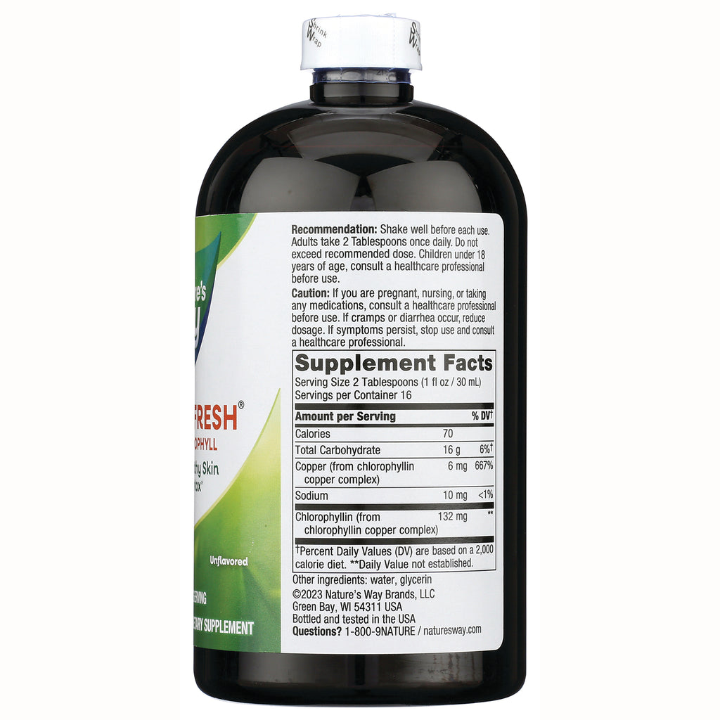 NW814 | Back of dark bottle showing Supplement Facts panel and usage directions for chlorophyll supplement - Thumbnail
