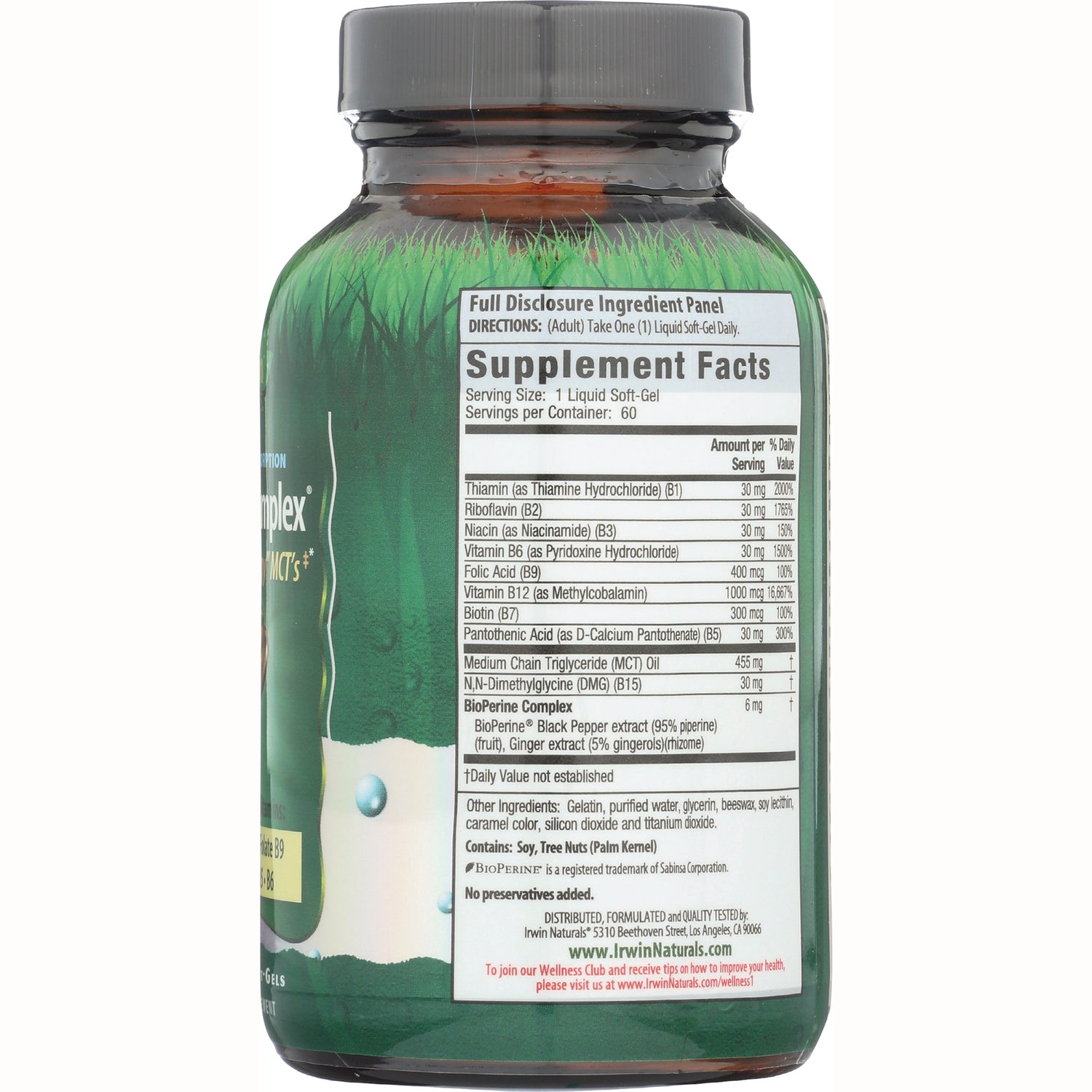 IR087 | back label showing Supplement Facts panel and ingredient list on a green supplement bottle