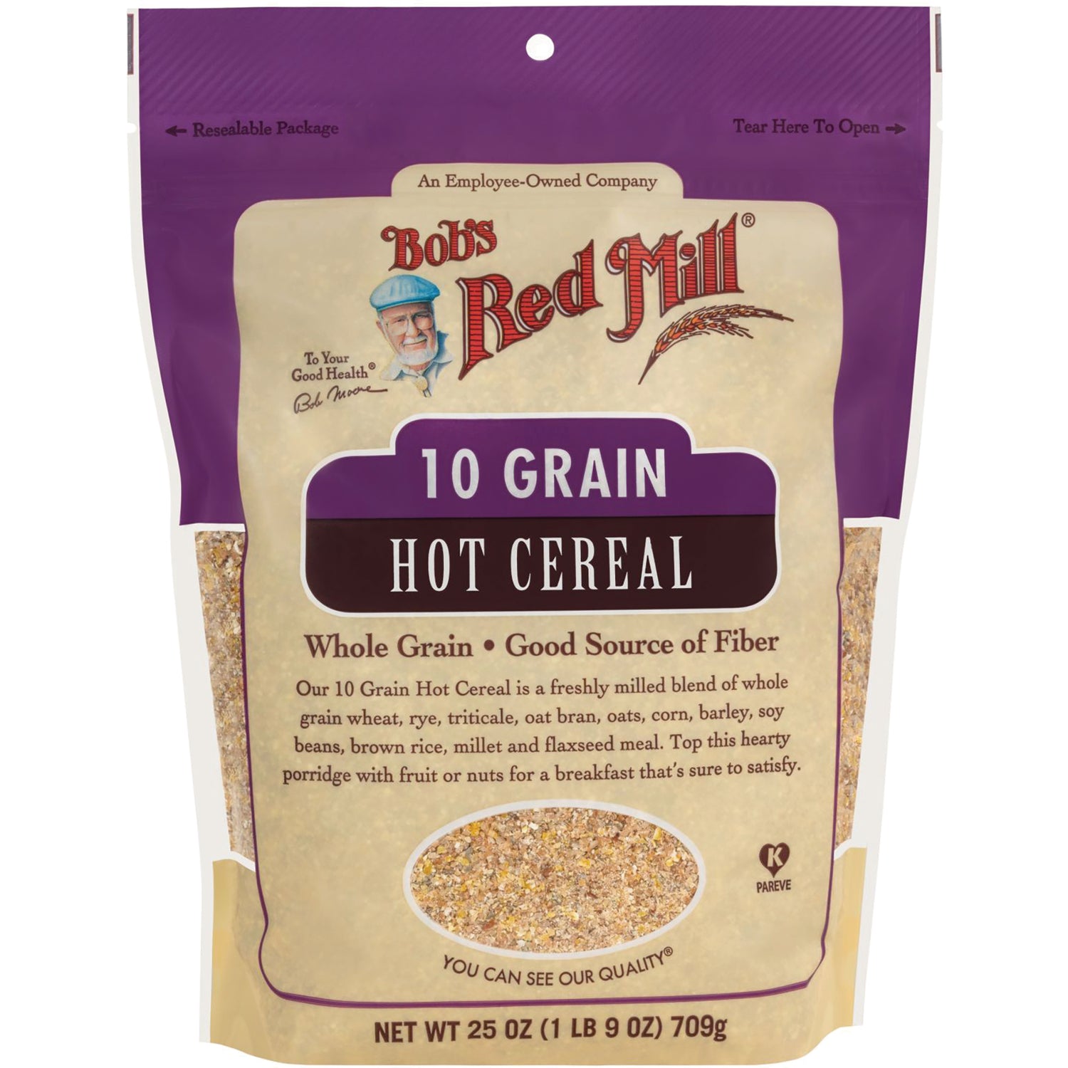 BOB427 | Bob's Red Mill 10 Grain Hot Cereal front-facing bag with clear window showing cereal and brand logo