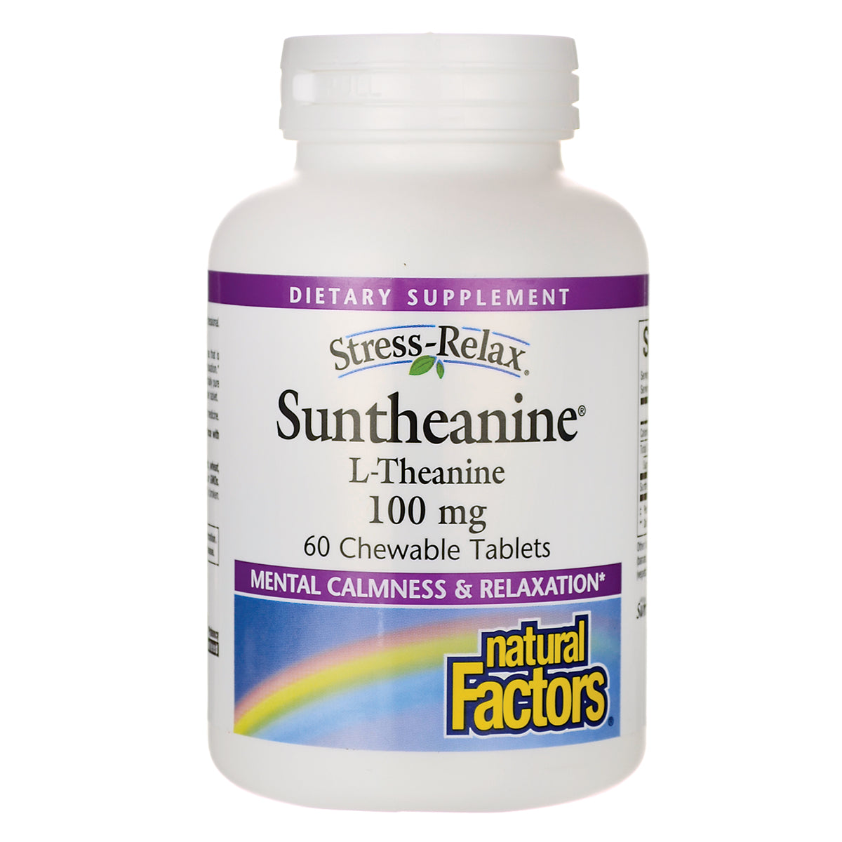 NFC030 | Natural Factors Suntheanine L-Theanine 100 mg bottle, 60 chewable tablets front label