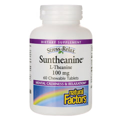 NFC030 | Natural Factors Suntheanine L-Theanine 100 mg bottle, 60 chewable tablets front label