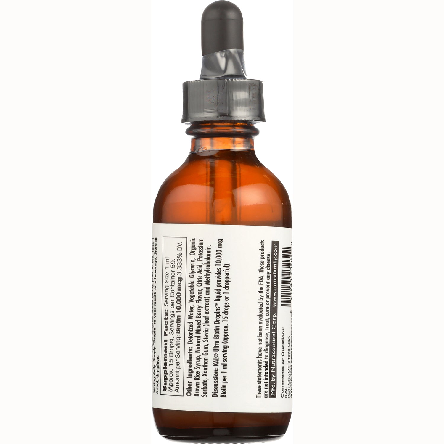 KL553 | amber dropper bottle back label showing supplement facts, ingredients and barcode