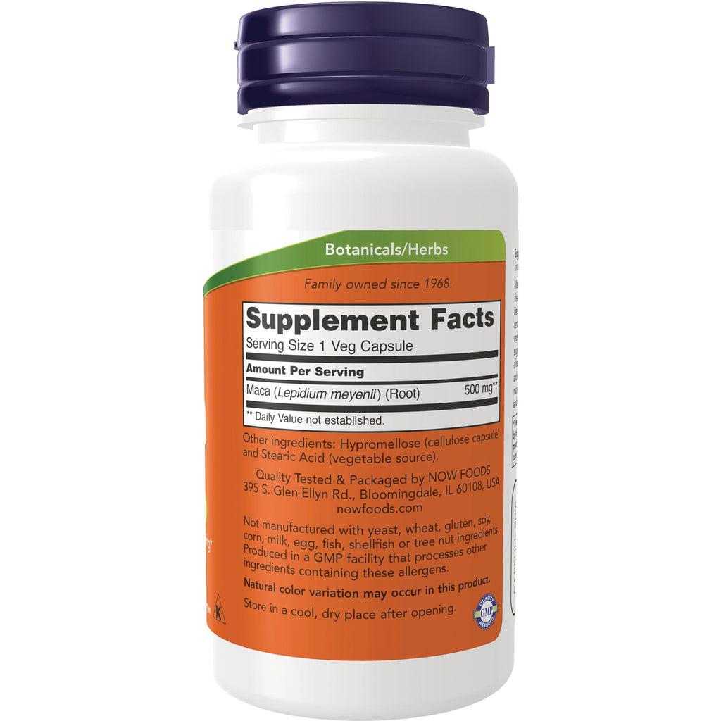 NWF136 | Back of white supplement bottle label showing Supplement Facts with Maca (Lepidium meyenii) root 500 mg and ingredients - Thumbnail