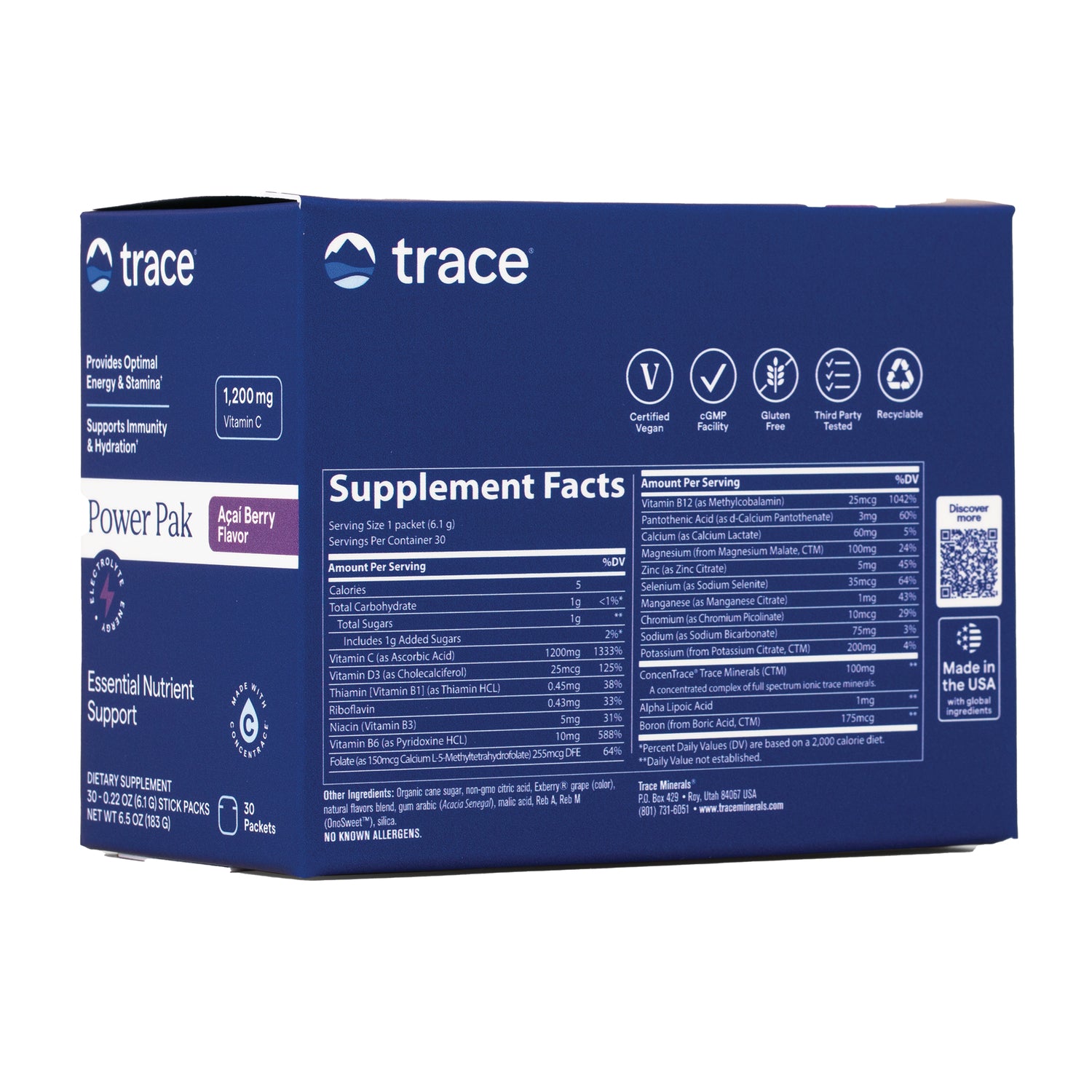 TM046 | Trace Power Pak Aa Berry Flavor box back showing Supplement Facts panel, certifications, and QR code
