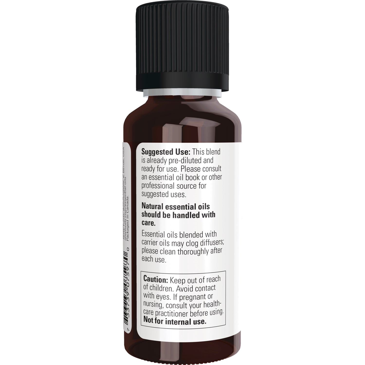 NWF508 | back label of amber essential oil bottle showing suggested use, handling warnings and Not for internal use
