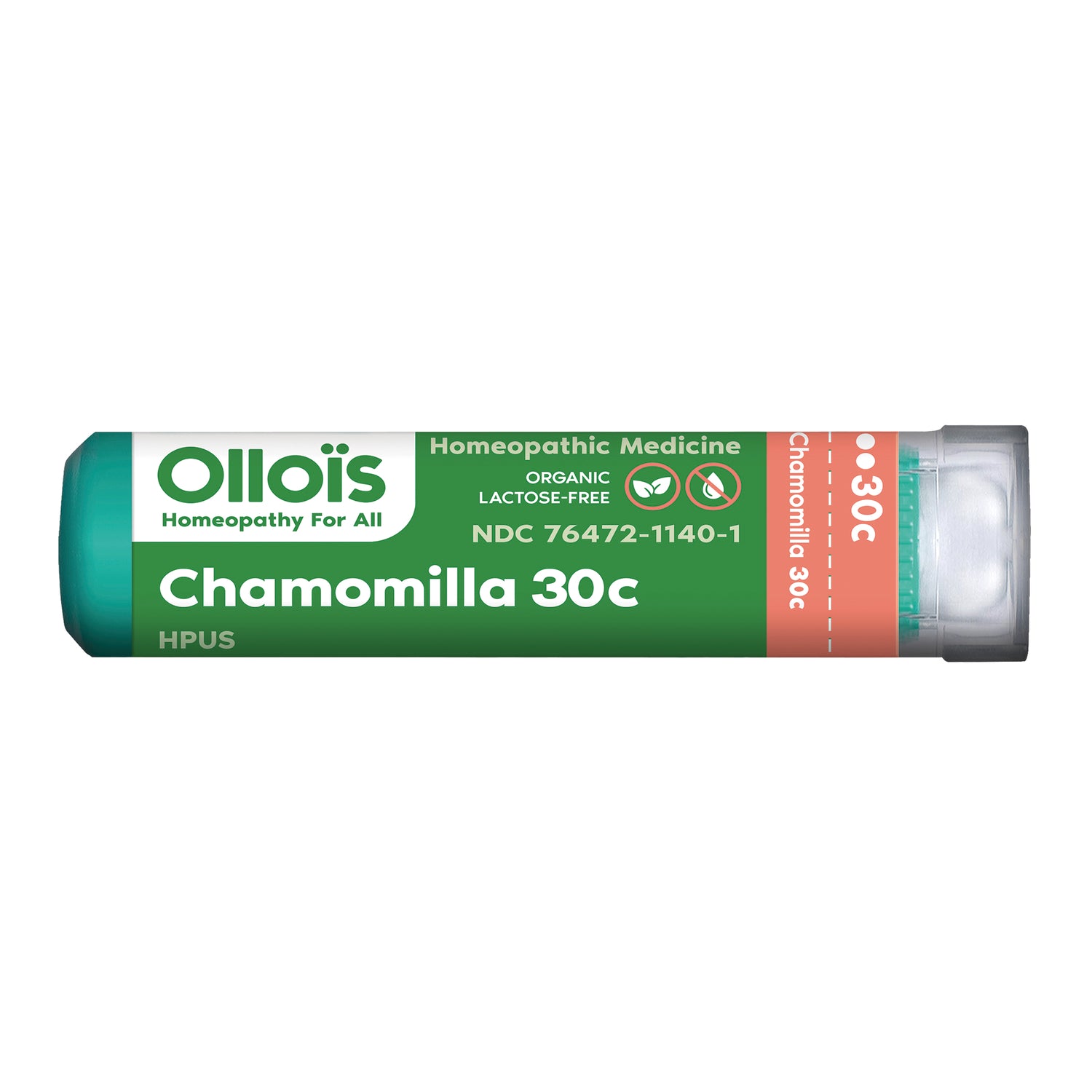 OLH023 | Ollois Chamomilla 30c homeopathic pellet tube with green label reading Organic lactose-free