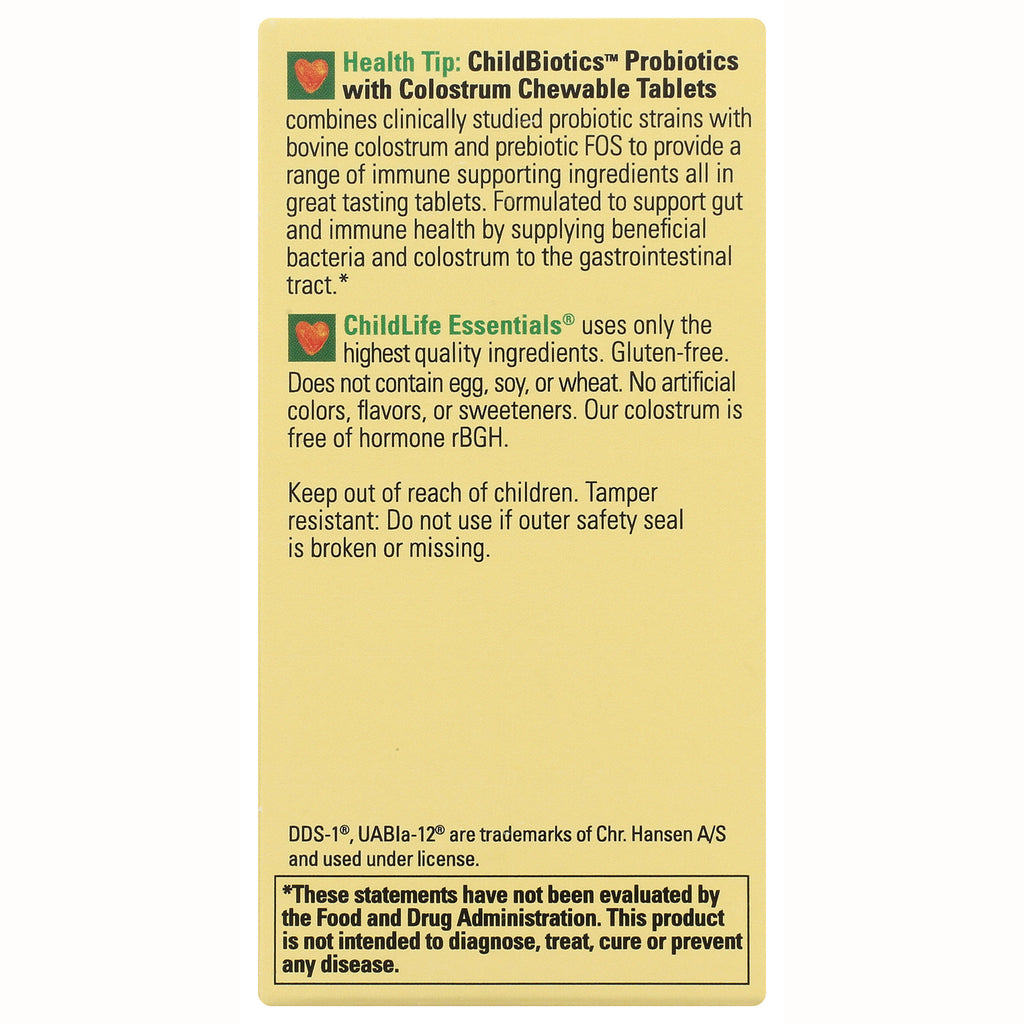 CHL022 | back panel text for ChildBiotics Probiotics with Colostrum chewable tablets showing ingredients, gluten-free claim, safety warning and FDA disclaimer - Thumbnail