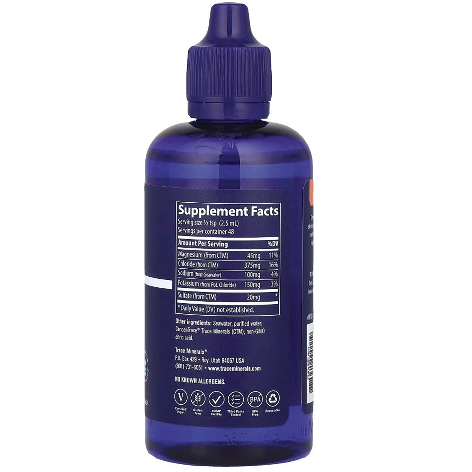 TM059 | Back of blue mineral drops bottle with dropper cap showing Supplement Facts panel