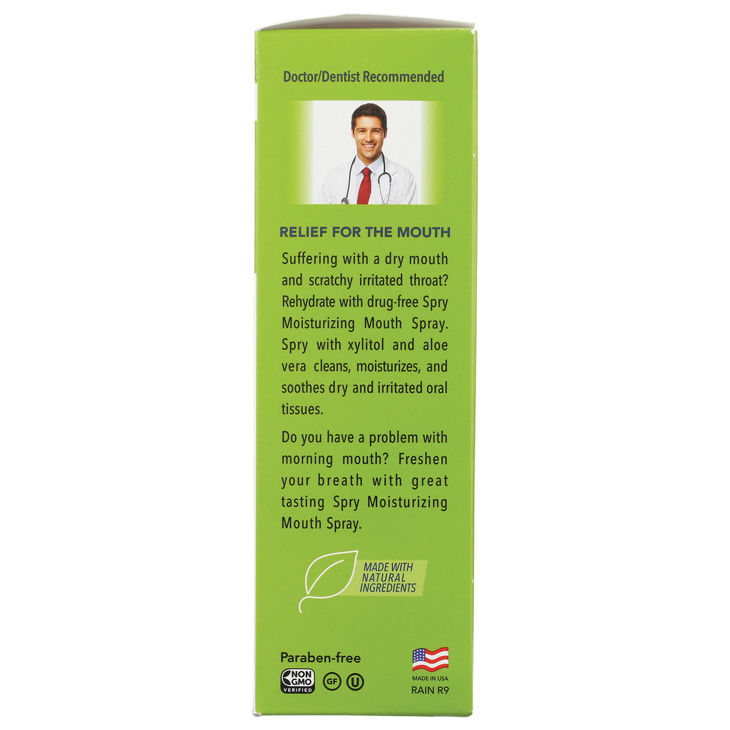 XL026 | Back panel of Spry Moisturizing Mouth Spray box with Relief for the Mouth text and certifications - Thumbnail