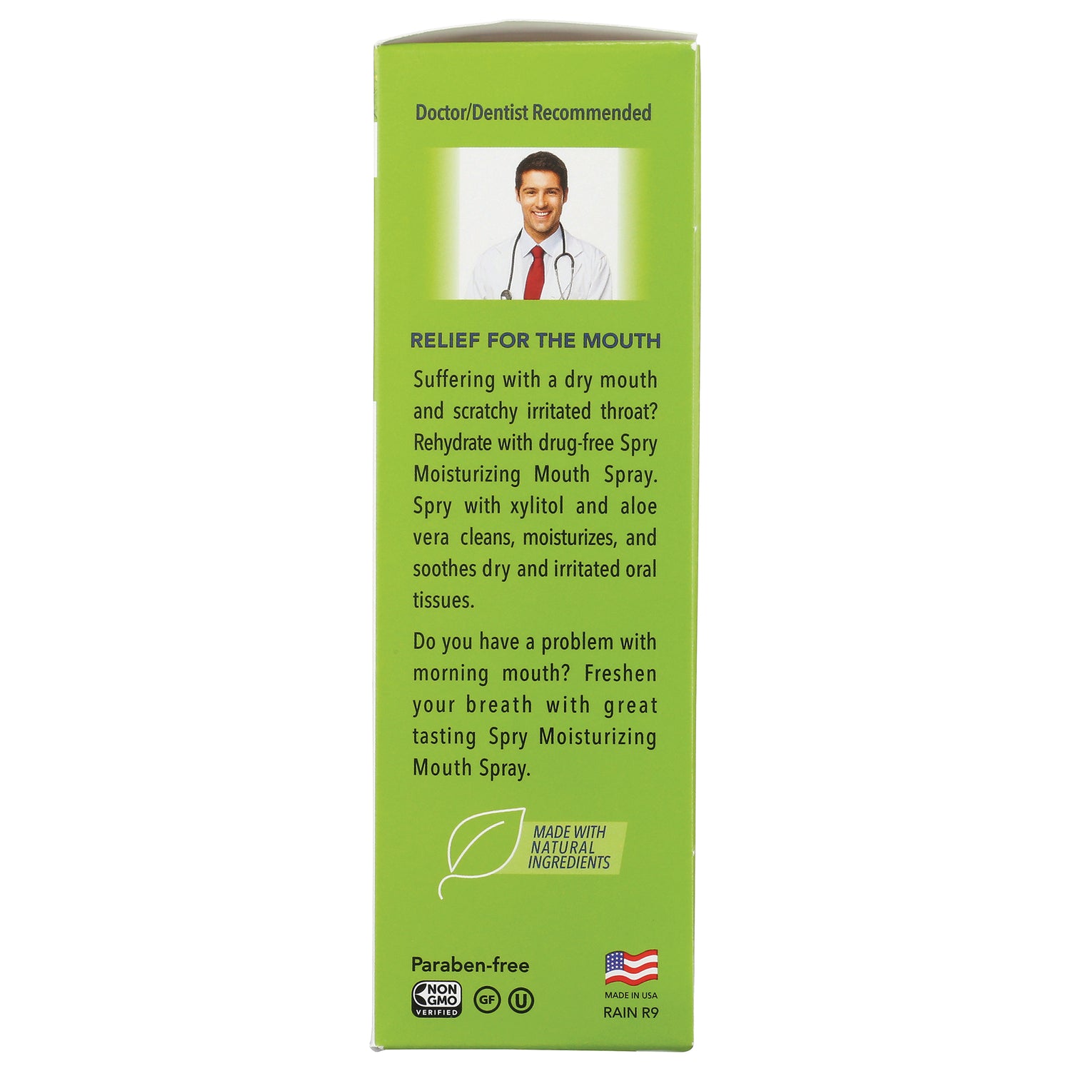 XL026 | Back panel of Spry Moisturizing Mouth Spray box with Relief for the Mouth text and certifications