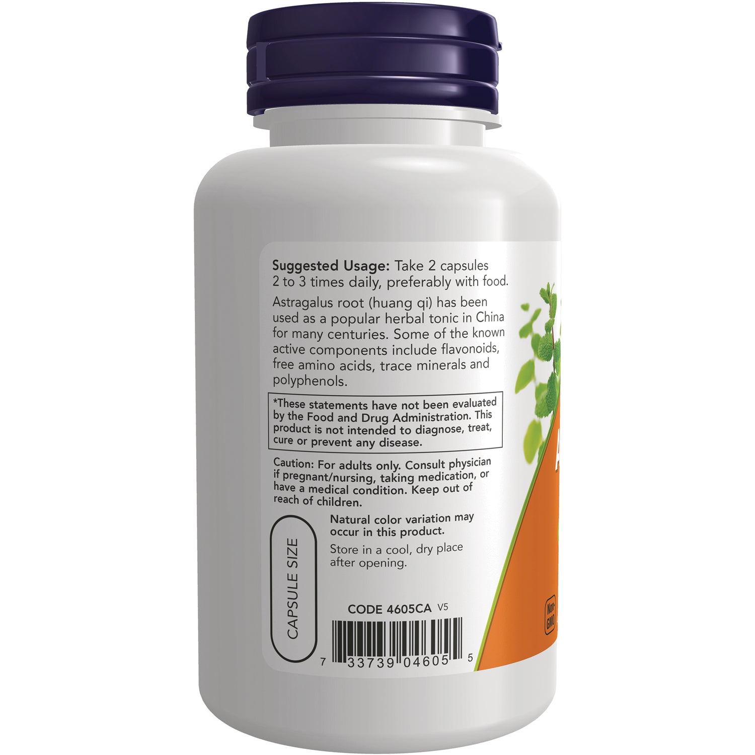 NWF529 | Back label of white supplement bottle showing suggested usage, caution text and barcode