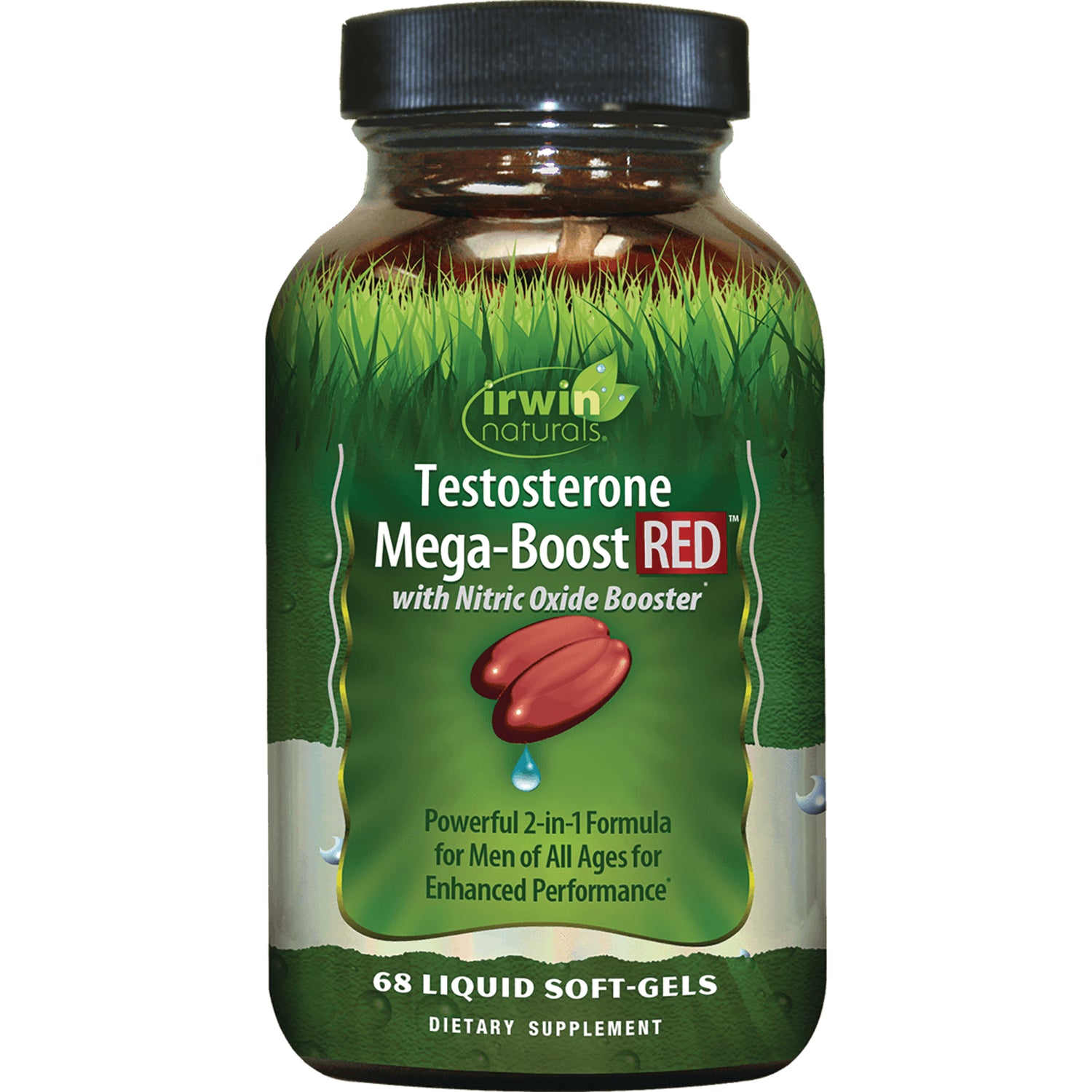 IR169 | Irwin Naturals Testosterone Mega-Boost RED bottle showing front label, 68 liquid soft-gels dietary supplement