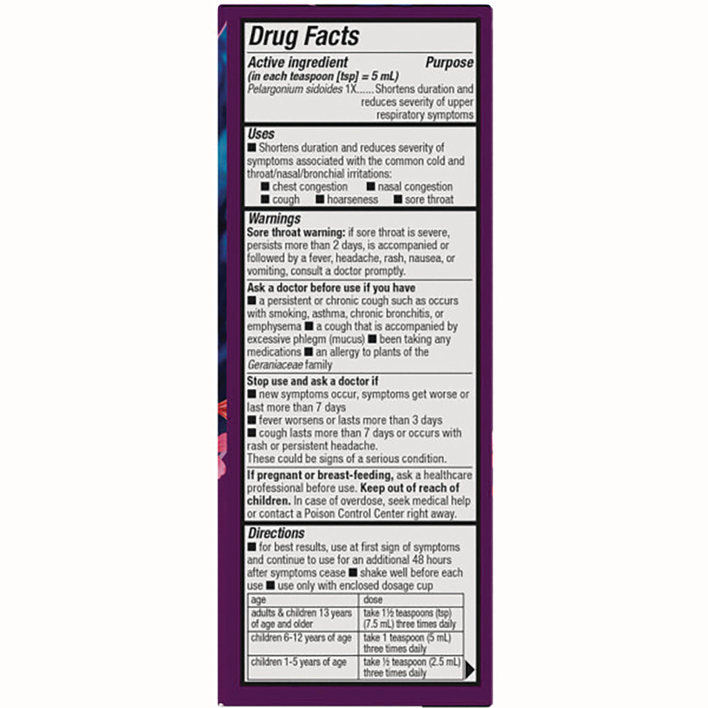 NW747 | back panel showing Drug Facts, active ingredient Pelargonium sidoides, warnings and dosing directions - Thumbnail