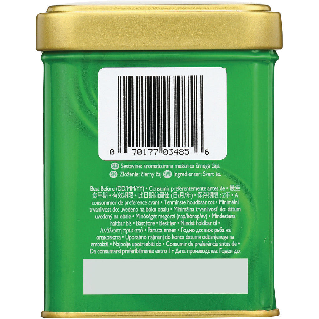 TWN025 | Back of green metal tea tin with barcode UPC 070177034856 and multilingual text - Thumbnail