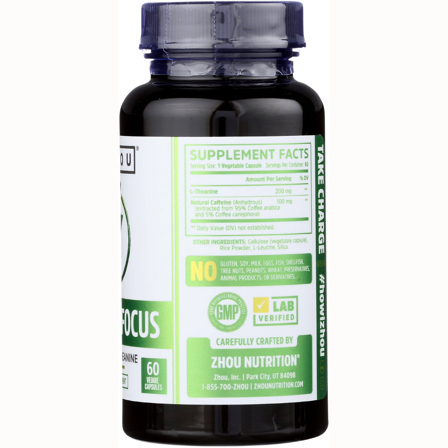 ZOU034 | Back label with Supplement Facts, GMP and Lab Verified icons, and Zhou Nutrition details