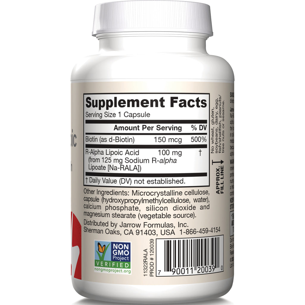 JR230 | Back label showing Supplement Facts panel listing biotin 150 mcg and R-Alpha Lipoic Acid 100 mg, ingredients, barcode, Non-GMO seal - Thumbnail