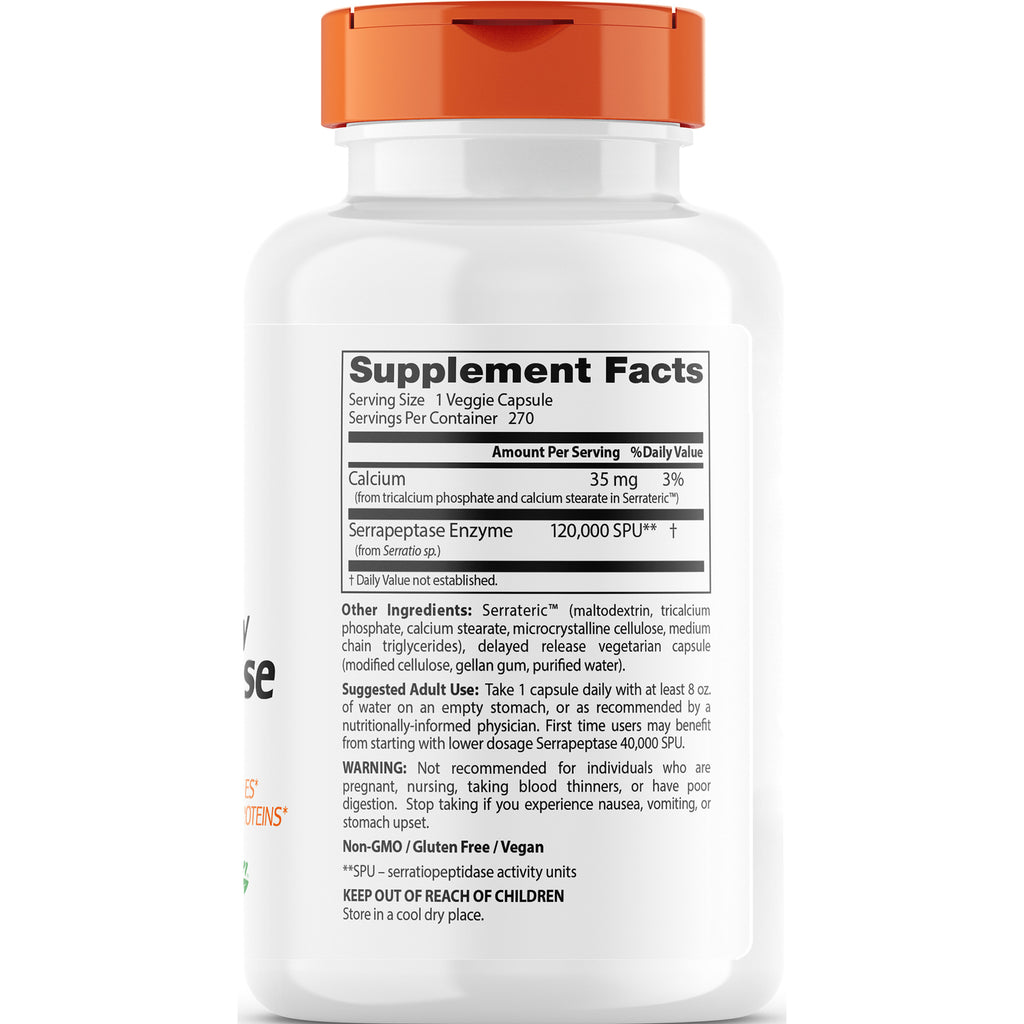 Back of white supplement bottle showing Supplement Facts panel listing calcium, serrapeptase enzyme, directions, and ingredients - Thumbnail