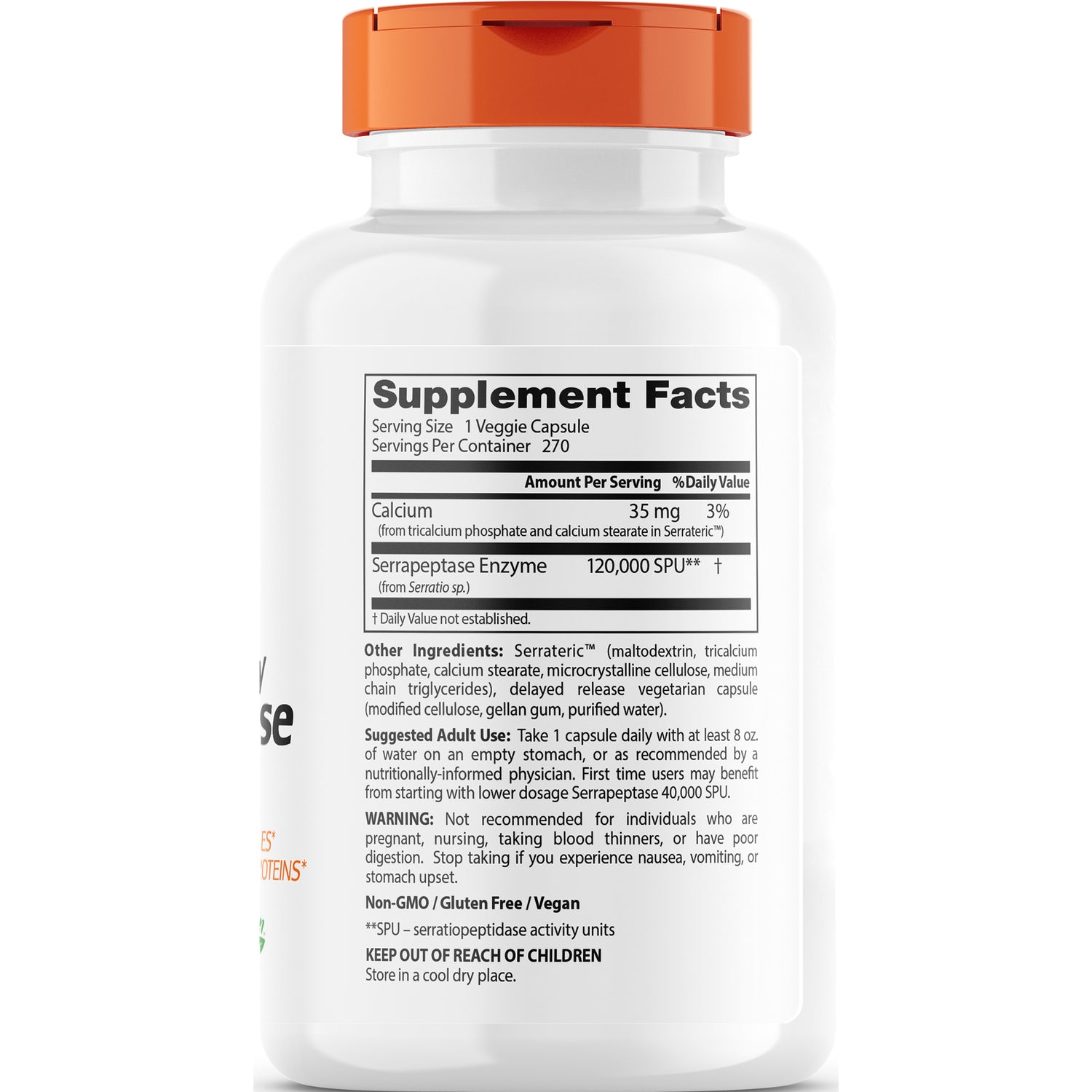 Back of white supplement bottle showing Supplement Facts panel listing calcium, serrapeptase enzyme, directions, and ingredients