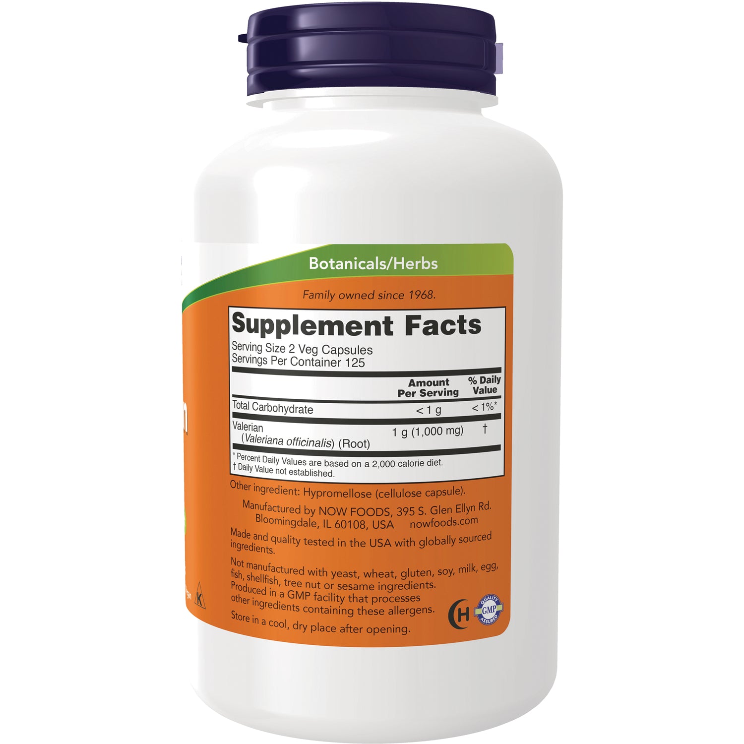 NWF716 | Back of white supplement bottle with purple cap showing orange label and Supplement Facts panel listing Valerian 1 g