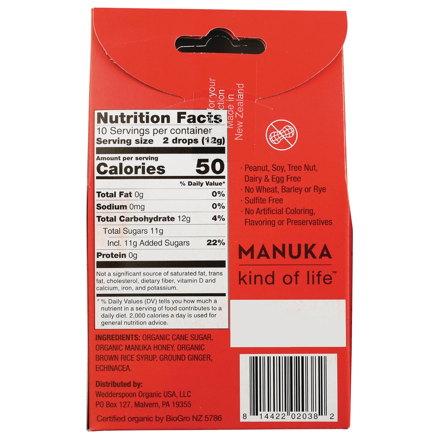 WED021 | Back of red box with Nutrition Facts (serving 2 drops, 50 calories), ingredients list, claims, and barcode