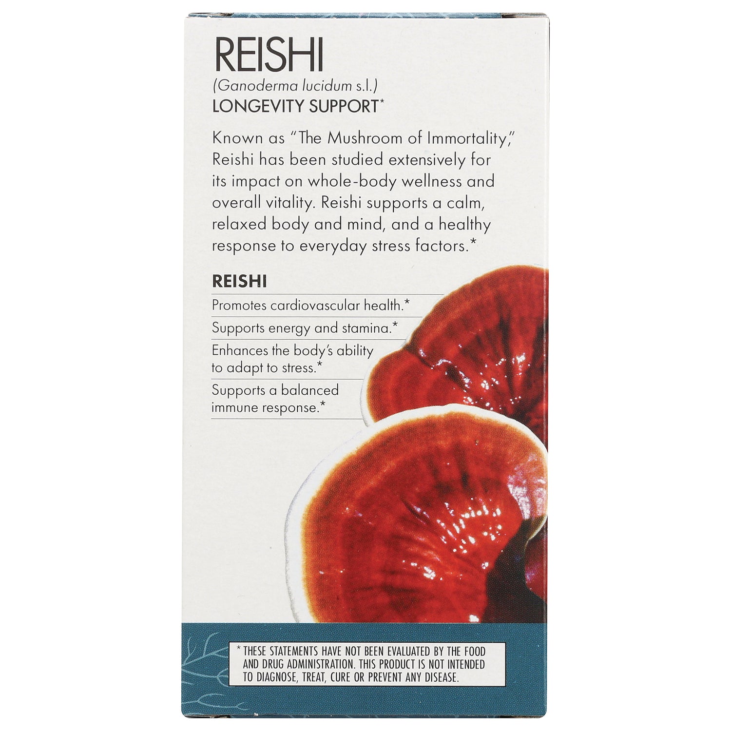 FUN009 | Back of REISHI supplement box with benefits text, large red mushroom image and disclaimer