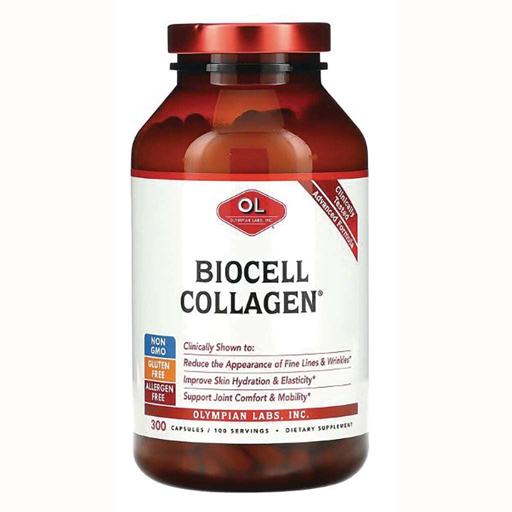 OL114 | Brown supplement bottle labeled BIOCELL COLLAGEN by Olympian Labs, red cap, 300 capsules - Thumbnail