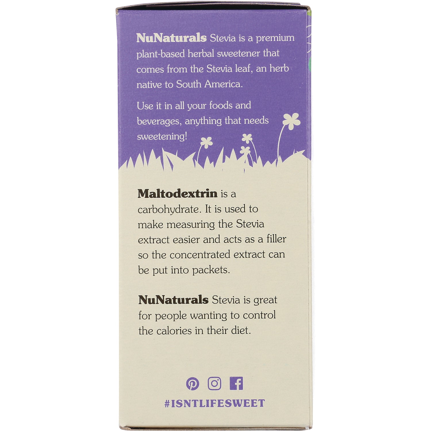 NN046 | product side panel describing NuNaturals stevia and maltodextrin with hashtag ISNTLIFESWEET