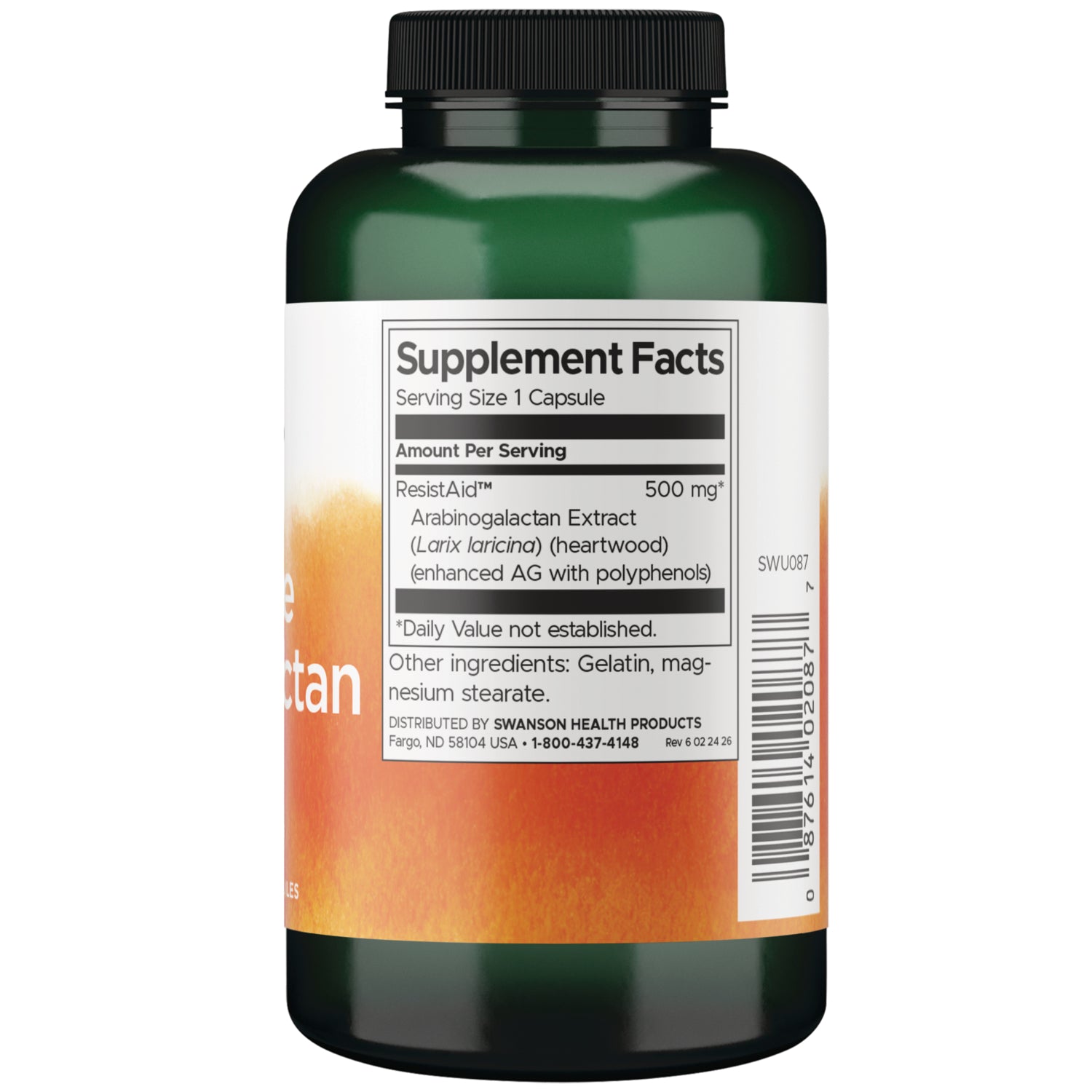SWU087 | Back label Supplement Facts panel for ResistAid Arabinogalactan 500 mg, serving size 1 capsule