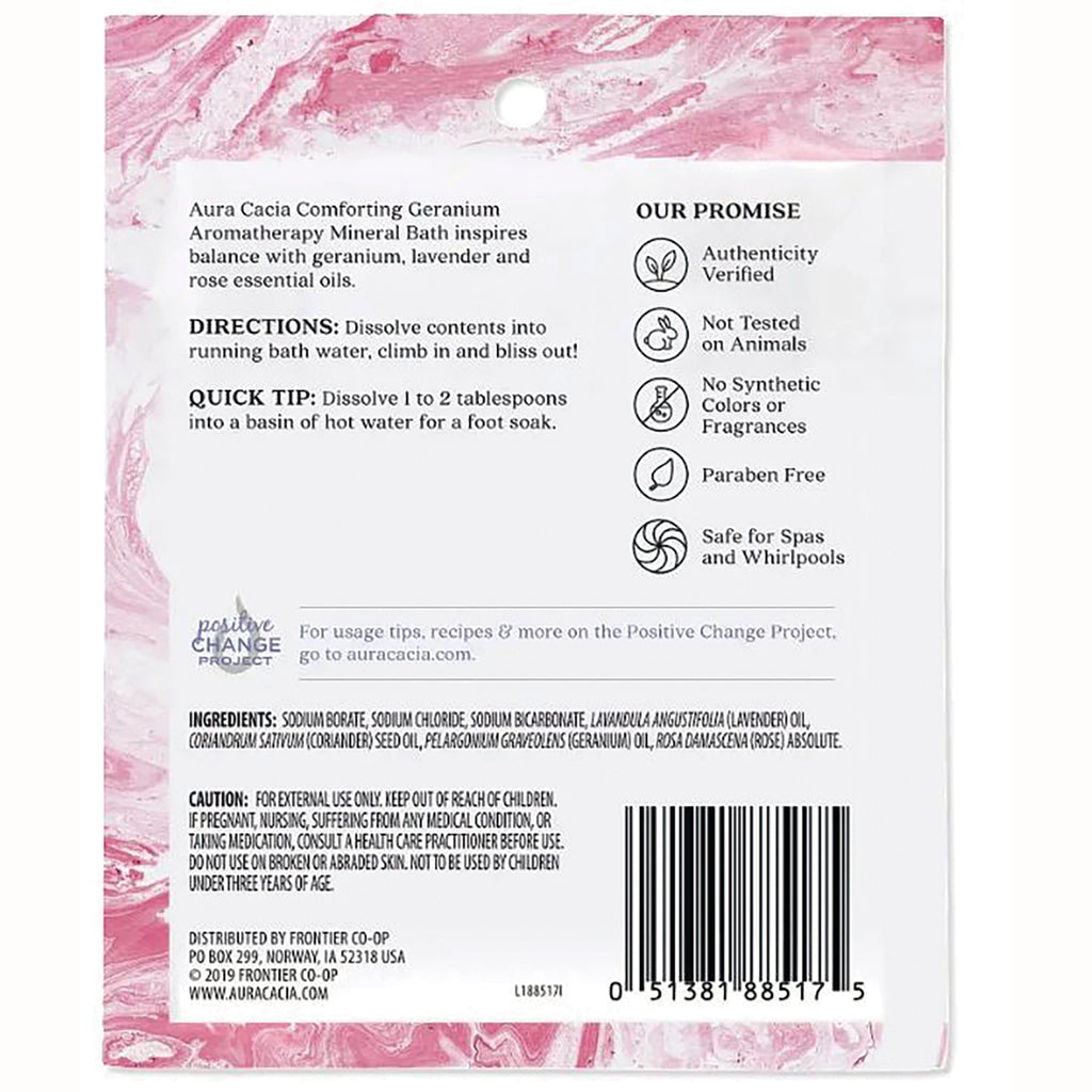 ARC047 | Back of pink bath soak pouch showing directions, ingredients, promise icons and barcode - Thumbnail