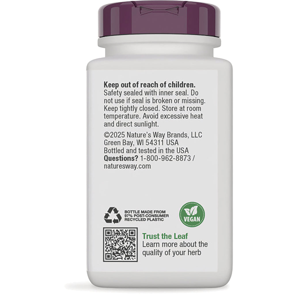NW872 | Back of white supplement bottle showing safety warnings, manufacturer info, vegan and recycle icons, QR code - Thumbnail