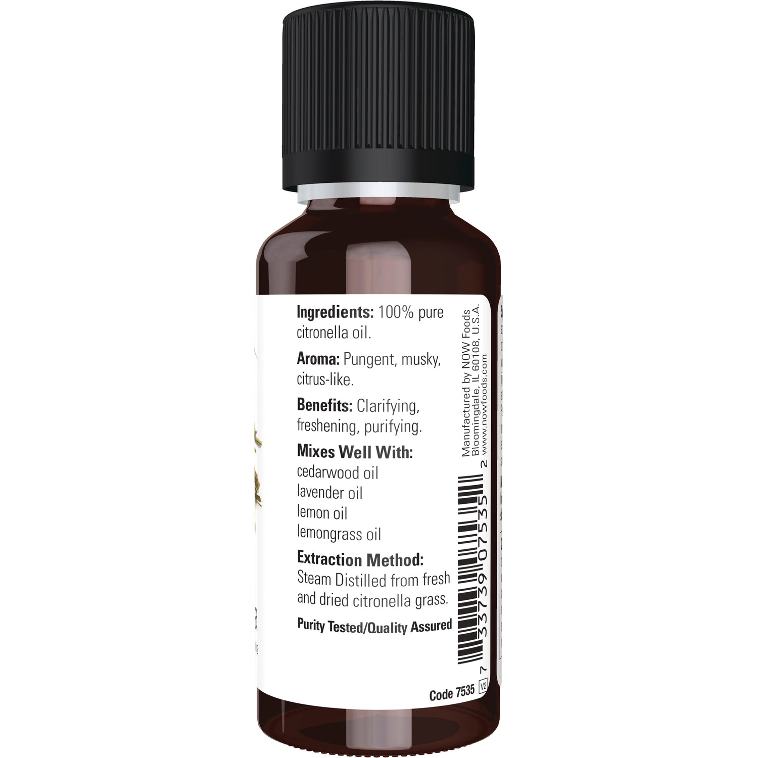 NWF188 | Back label of amber essential oil bottle listing Ingredients: 100% pure citronella oil, aroma, benefits, mixes well, extraction method, and barcode